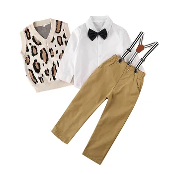 

Kid Baby Boy Gentleman Clothes Leopard Sweater Vest+White Shirt Top+Bib Pants Autumn Winter Formal Outfit 3PCS Set 2-5Y