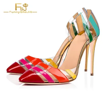 

Multi-color Clear Transparent PVC Almond Toe Pumps Slip On Stiletto Heels Summer Work Formal Event Elegant Shoes Woman 4-16 FSJ
