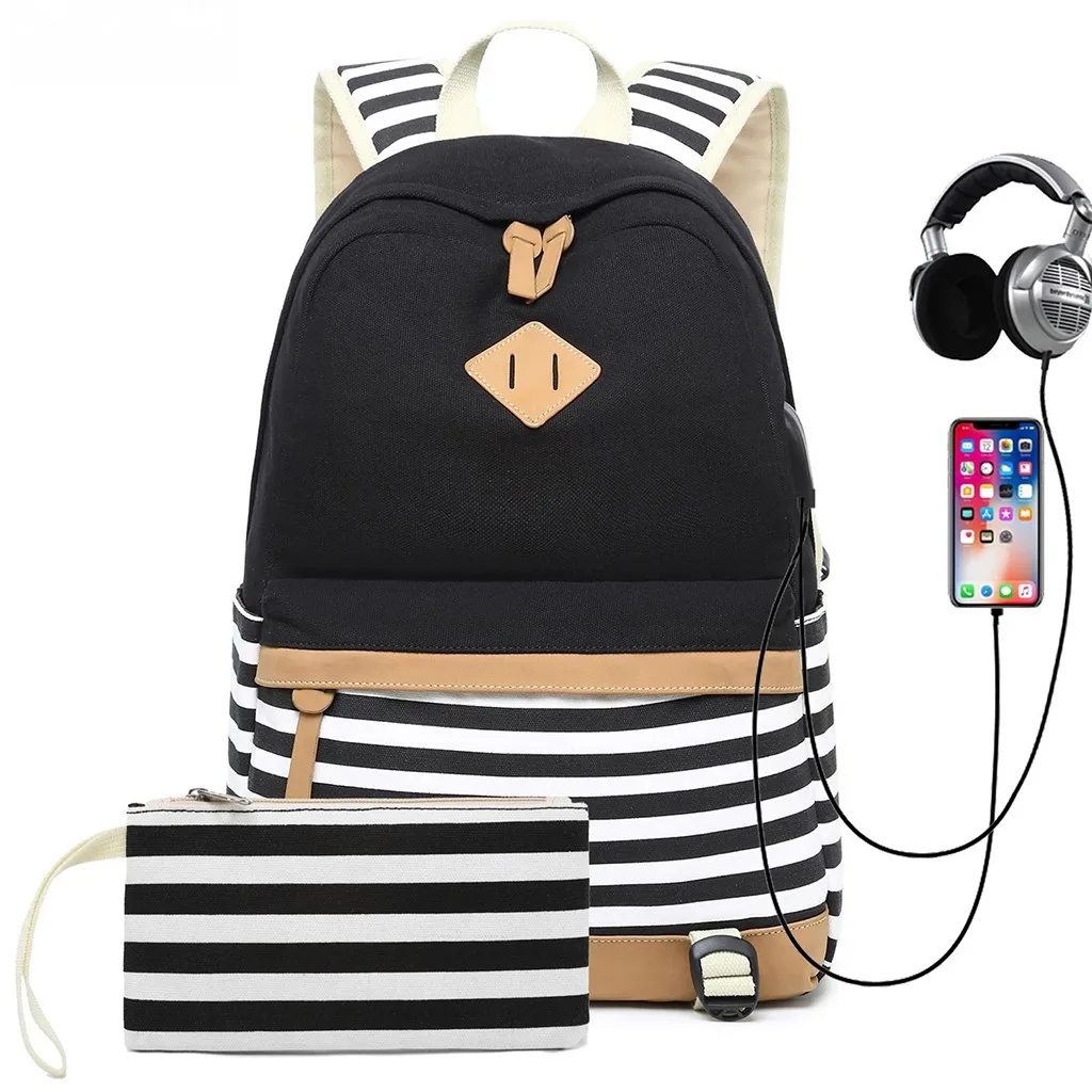

3 color options Canvas Stripe Backpack Fits 17.7 Inch Laptop with USB Port Charge 1 Handbag Bag city travel high-quality #7