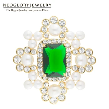 

Neoglory Vintage Green Zircon With Shell Pearl Cross Brooch For Women Classical Noble Coat Pins Mother‘s Day Gifts