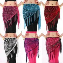 Women Belly Dance Hip Scarf Skirt Triangle Shawl Sequins Hollow Out Fish Net Costume 803-568