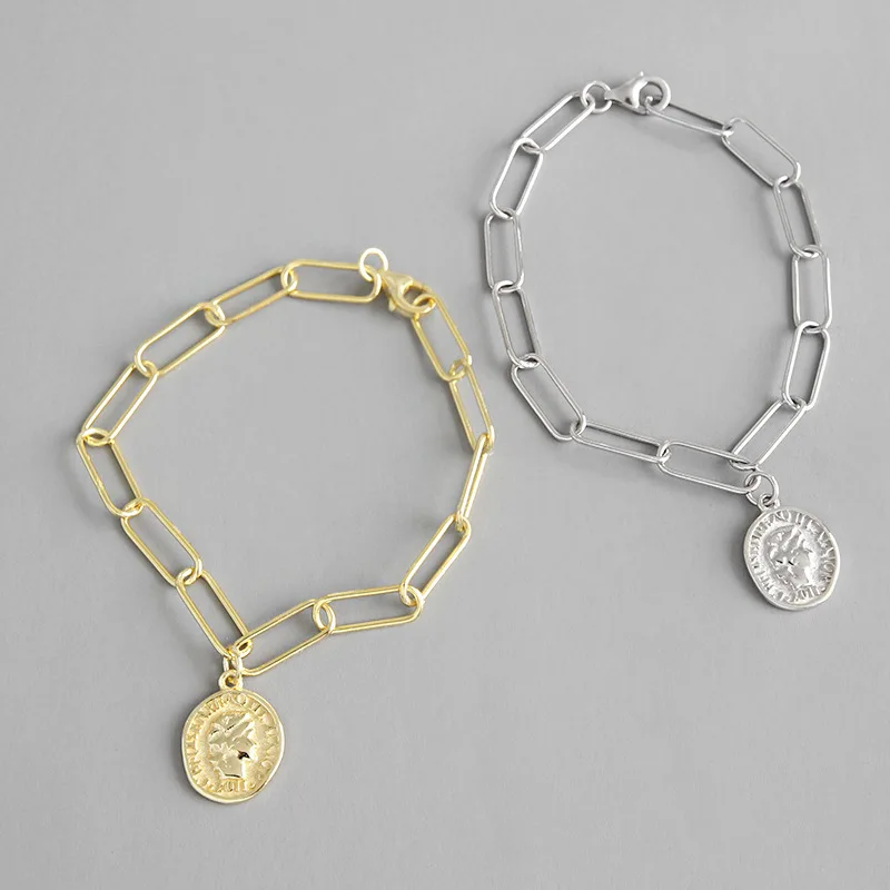 S925 sterling silver bracelet for women,Round coins thin chain vintage face pattern,party engagement fine jewelry Accessory