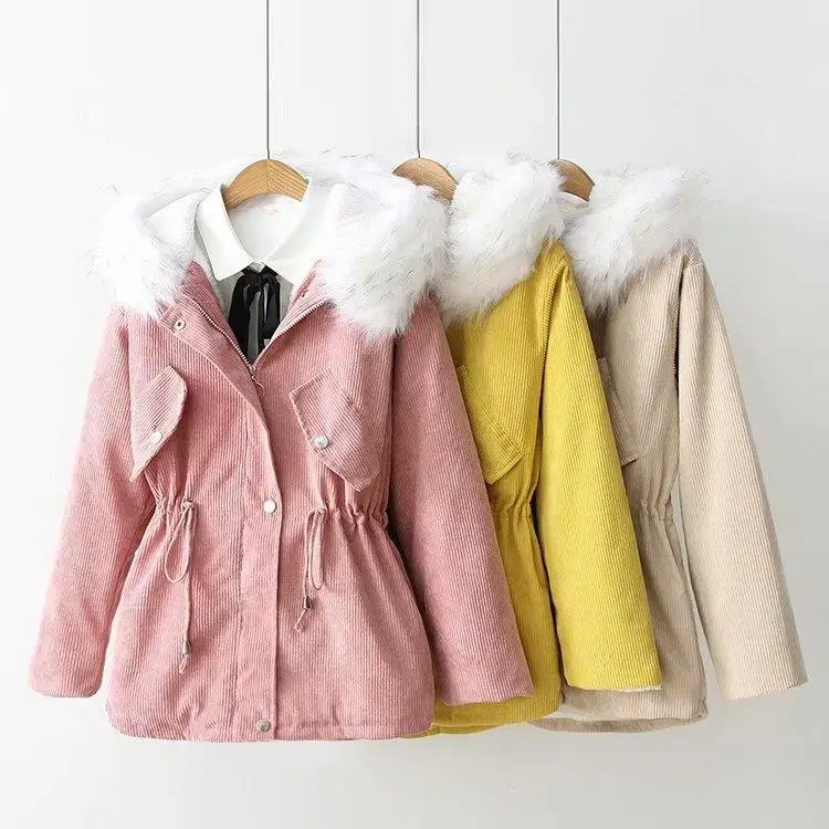 

Cotton-padded Jacket Women's 2018 New Style Winter New Style Student Fur Collar Corduroy Mid-length Waist Hugging Thick Cotton C