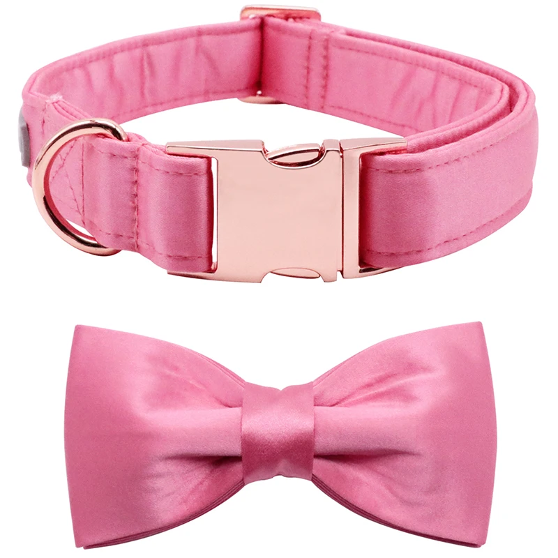 Unique Style Paws Hot Pink Silk Dog Collar With Bowtie Puppy Collar