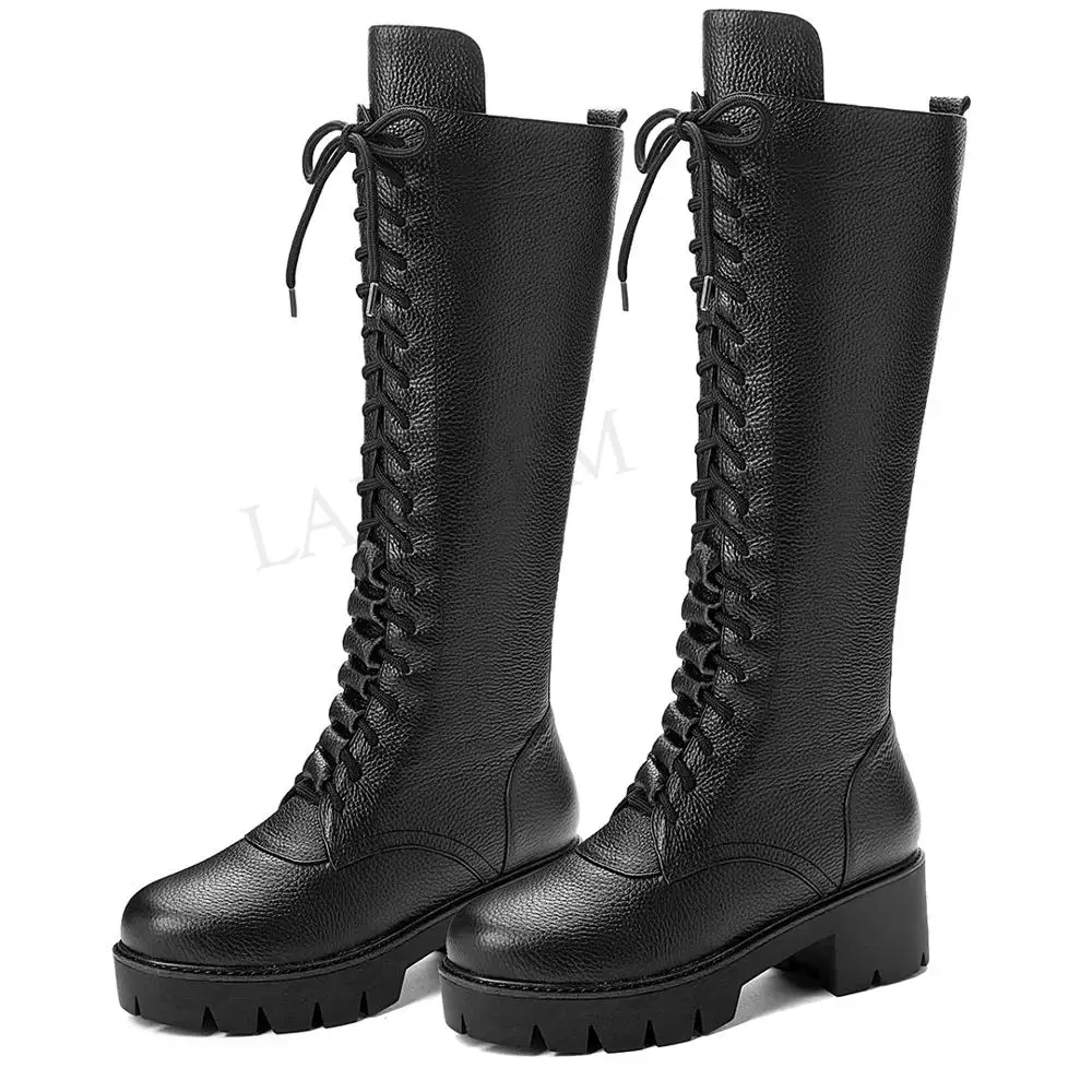 

LAIGZEM Handmade 100% LEATHER  Women Knee High Boots Side Zip Low Heels Riding Boots Winter Shoes Botas Mujer Big Size 43