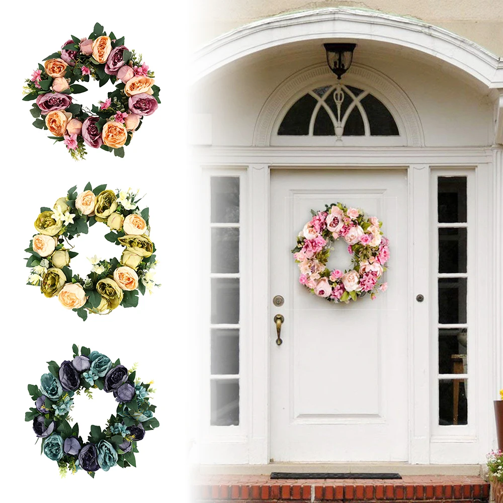 

Decorative Flowers Wreaths Artificial Eucalyptus Rose Silk Garland Rattan Ring Christmas Decor for Front Door Wedding Home