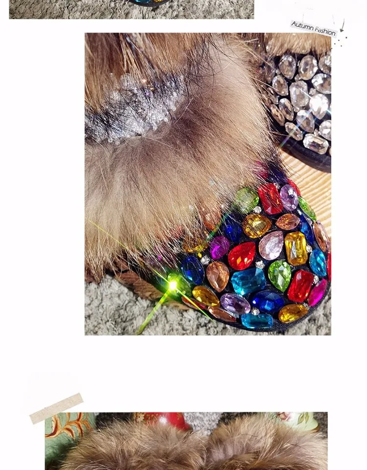 Womens Real Fox Fur Rainbow Colors Crystal Diamond Rhinestones Ankle Boots Bowknot Snow Warm Winter Flats Bling Shoes Luxury DIY