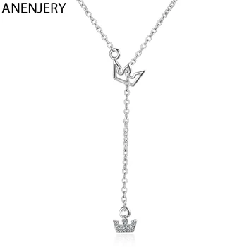 

ANENJERY Princess Crown CZ Pendant Charm Necklace 925 Sterling Silver Long Chain Necklace For Women Wedding Jewelry S-N560