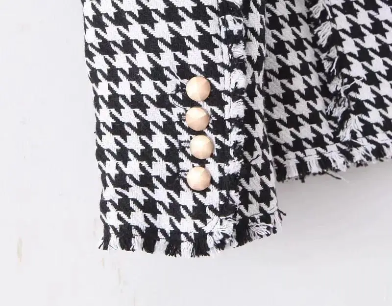 Women Long Sleeve Houndstooth Blazers Turn-Down Collar Double-Breasted Suit Coat Female Business Outwear