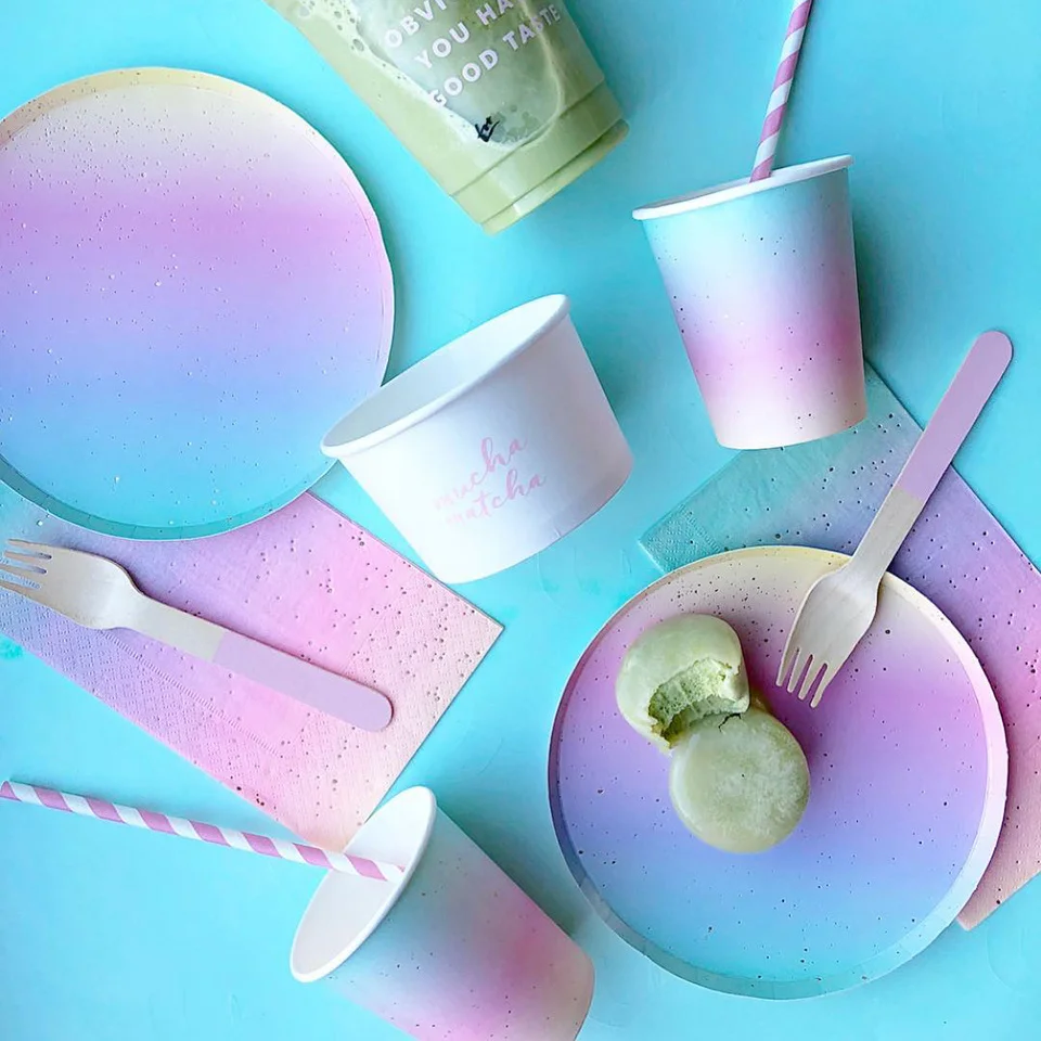 1set Disposable Tableware Rainbow Color Round Flat Paper Cup Paper Towel Party Supplies Birthday Wedding Party Decoration