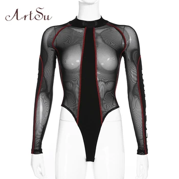 

ArtSu 2019 Autumn Mesh Sheer Long Sleeve Bodysuit Women Fitness Clothing Letter Print Bodycon Ttansparent Jumpsuit ASJU60322