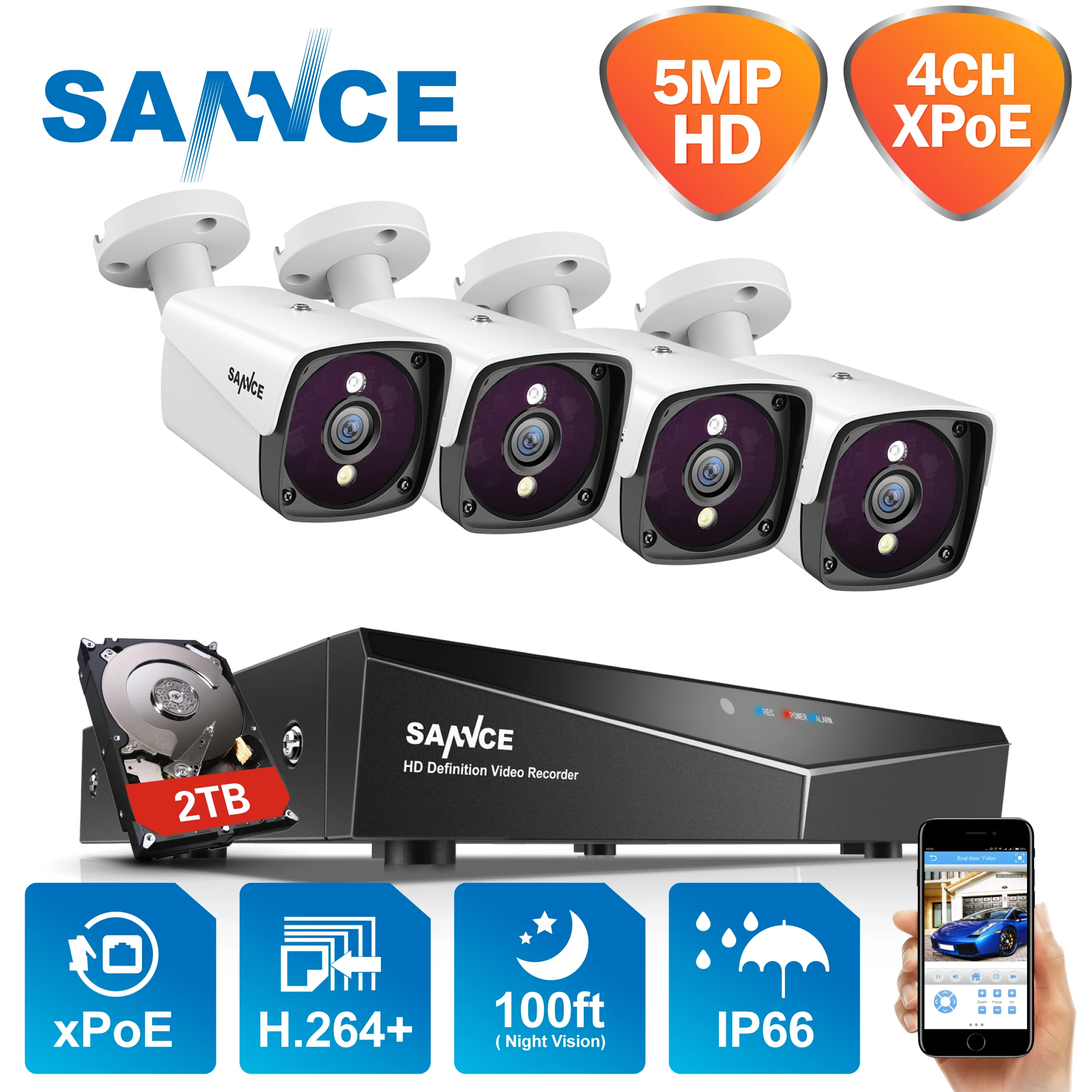 Система видеонаблюдения SANNCE 4 канала 5 Мп H.264 + NVR IP камеры Мп|Система наблюдения| |