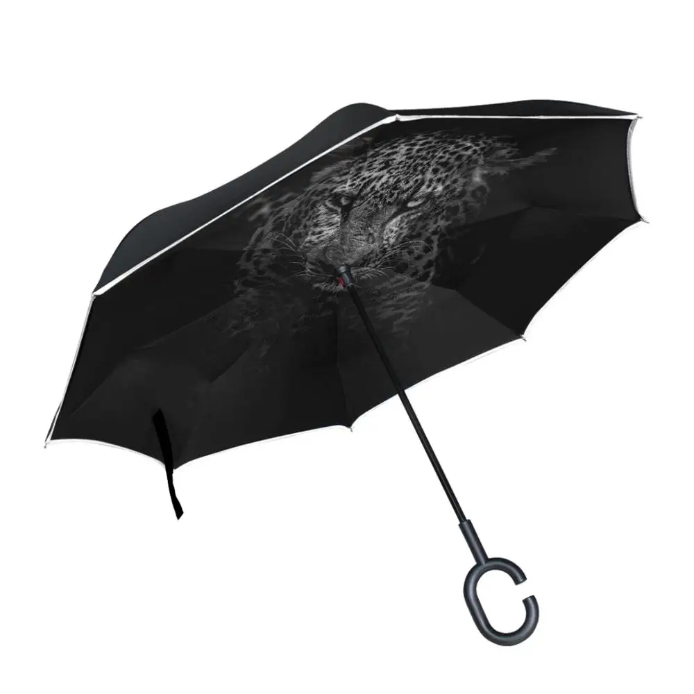 

Susino Black Leopard Reverse Umbrella Stick Umbrella Upside Down Gifts Ladies Umbrellas Windproof Waterproof Black
