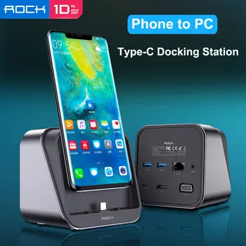 

ROCK Type-C Docking Station 4K Phone to PC HDMI VGA Output Network Connection PD Fast Charger Stand For Huawei P30 Mate 20 Pro