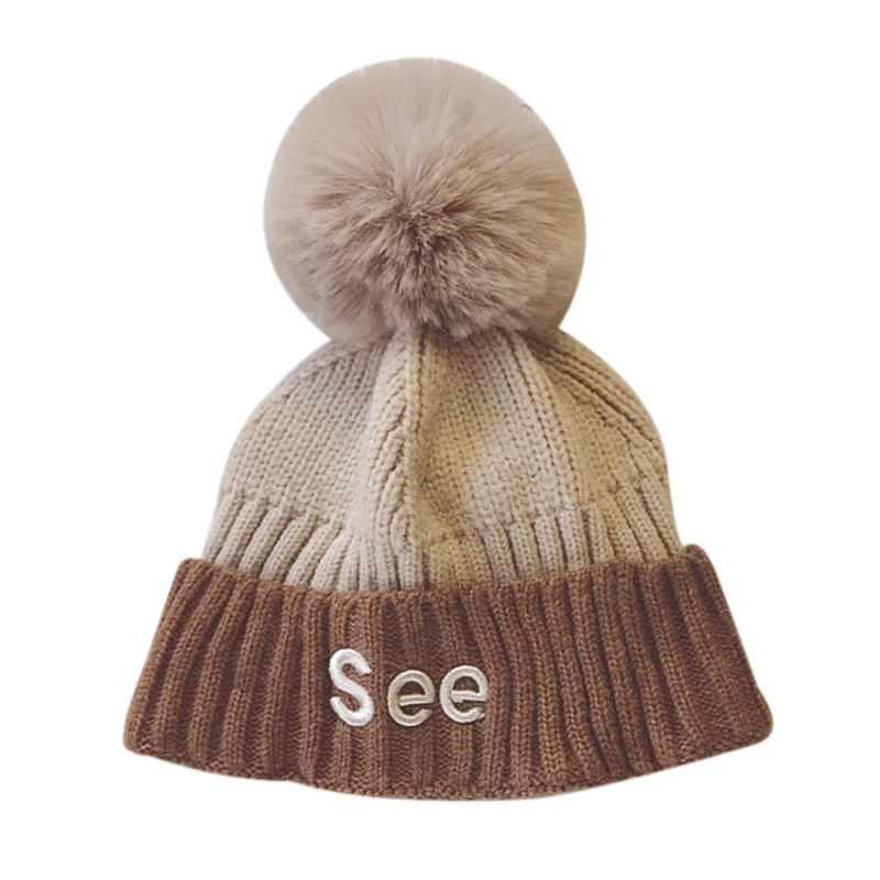 F Зимние милые теплые детские шапки с плюшевыми помпонами для новорожденных мальчиков и девочек, цветные вязаные шапки в стиле пэчворк - Цвет: F