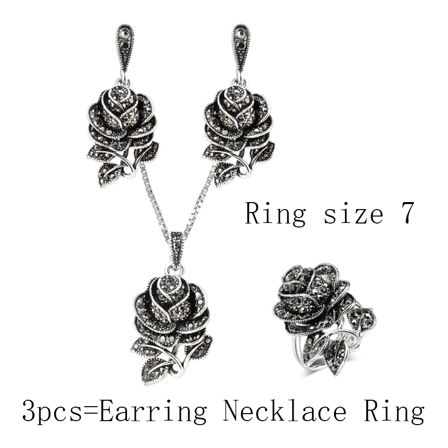 3pcs Ring size 7 Kinel модный серебряный винтажный свадебный ювелирный набор, черный кристалл, роза, кольцо в виде цветка, ювелирное изделие, наборы для женщин, вечерние, Подарочные - Окраска металла: 3pcs Ring size 7