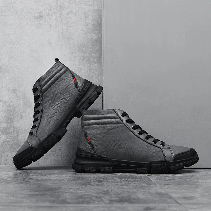 

Spring Autumn Winter MEN'S SHOES Short Boots Outdoor Worker Boot Cotton-padded Shoes Hight-top-Style Leather Lace-up plus Velvet