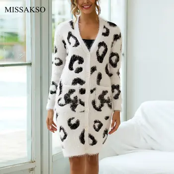 

Missakso Casual Leopard Print Long Cardigan Women Mohair Pockets Oversize Autumn Winter Ladies Knitted Sweater Coat Femme