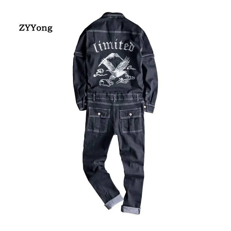 

ZYYong Men's Embroidery Long Detachable Sleeve Black Denim Jumpsuits Hip Hop Embroidered Pockets Men's Jeans Overalls Pants