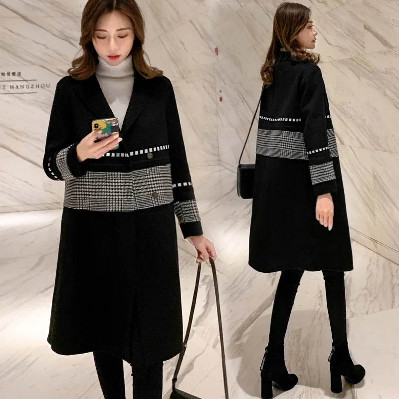 

Woolen Jacket Women's Mid-length 2019 Autumn And Winter New Style Short-height Woolen Cloth Joint Thousands of Birds Plus-sized