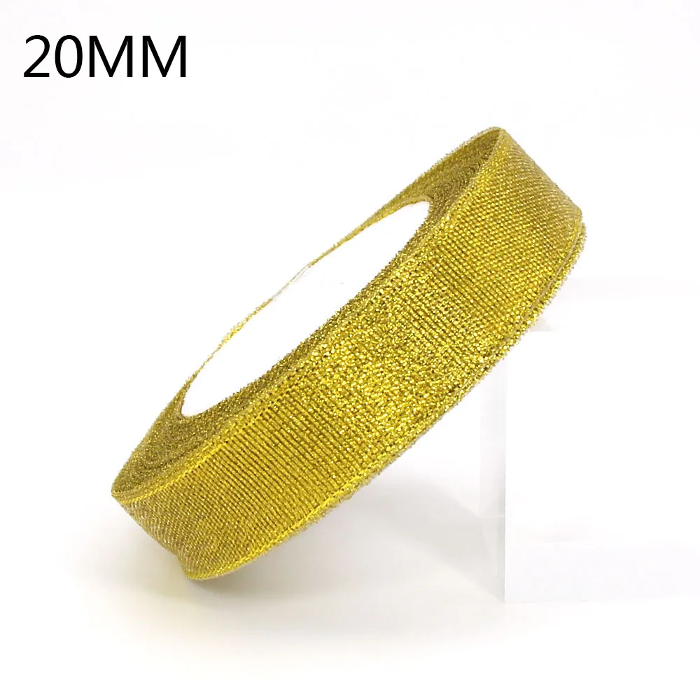 Gold 20mm 3-50 мм 25 ярдовая лента из органзы золотого и серебряного цвета, блестящая металлическая лента для свадьбы, Рождественского украшения, подарочная упаковка ручной работы - Цвет: Gold 20mm