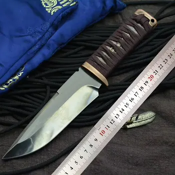 

MANCROZ GI 7Cr17Mov fixed blade Tactical Straight knife Ancient copper eye penetration woven rope handle camping knives EDC tool