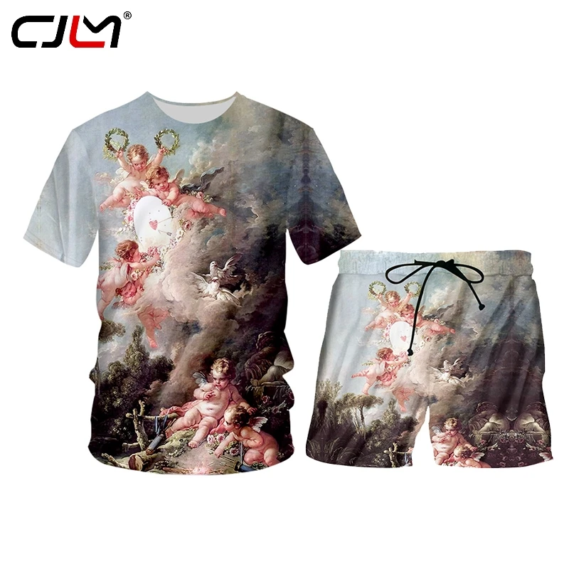 CJLM Summer 2 Piece Set 3D Paint Kids Angel  Cupid Short Sleeve Tank Tops Shorts Mens Sets Gym Sleeveless Hoodie Tee Set two pieces sets women clothing summer fashion femme casual two piece shorts set eyelet sleeveless tank top