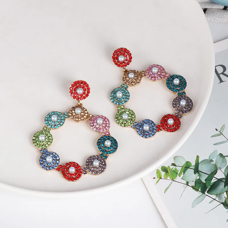 

Fashion Color Zirconia Pearl Flower Drop Dangle Earring For Women Crystal Cubic Zirconia Exaggerated Bohemian Circle Earrings