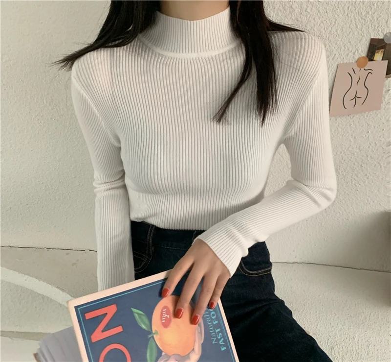 white sweater 2021 Spring Women long sleeve Turtleneck Elasticity Casual Jumper pull sweaters office pullover korean Female Top shirts cardigan
