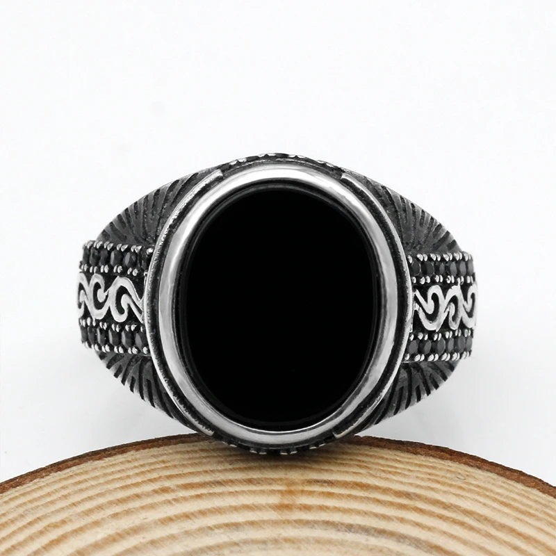 Turkish 925 Sterling Silver Black Natural Agate Stone Garnet Men Ring Punk Silver Finger Rings for Man Fine Making Jewelry