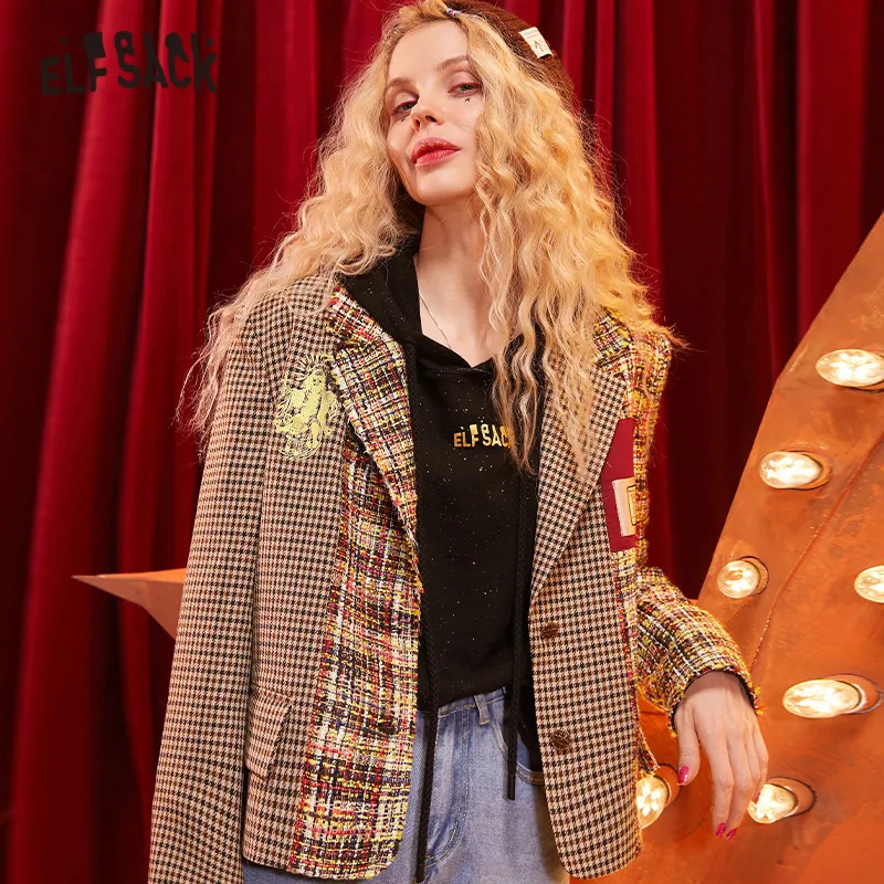Женский клетчатый Блейзер ELFSACK коричневый винтажный прямой на одной пуговице с