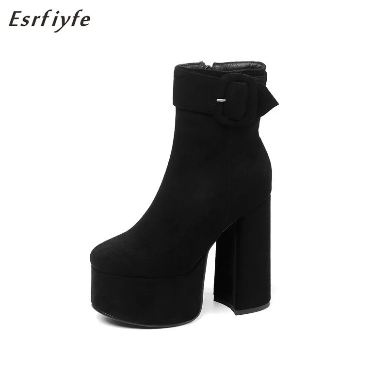 

ESRFIYFE 2020 New Microfiber Women Boots Thick Heels Ankle Boots for Women Round Toe Winter Shoes Women High Heel Platform Boots