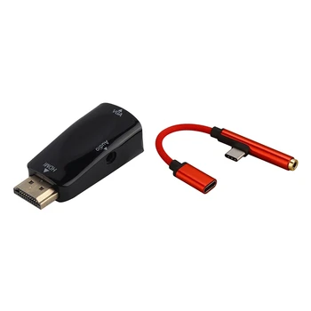 

1080P HDMI Male to VGA Female Adapter Video Converter with 2In1 Type-C to USB-C 3.5mm Jack Aux Earphone Cable Adapter