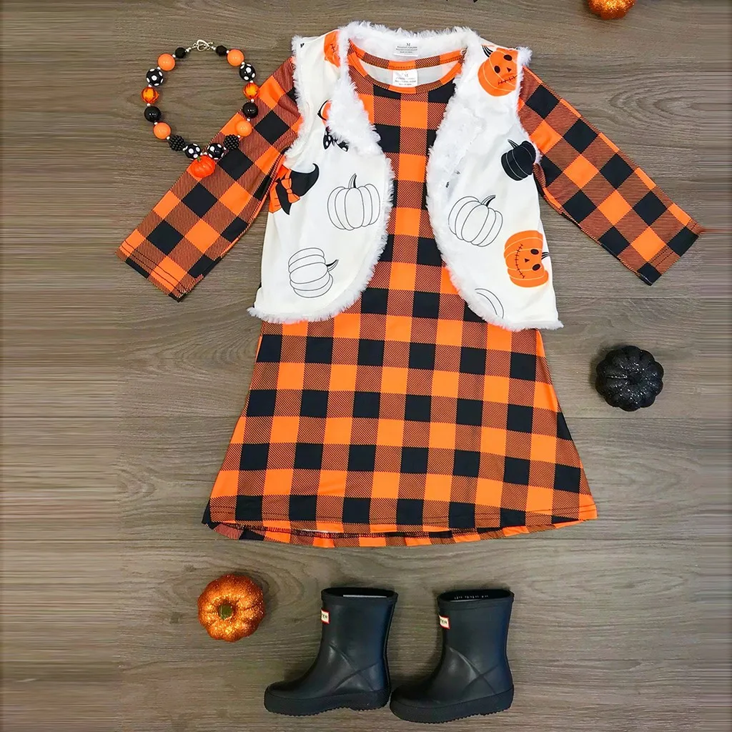 

Autumn Halloween Children Kids Girls Clothing Sets Plaid Printed Long sleeve Dress+Reversible Coat Vest Set Suit Girls Clothes