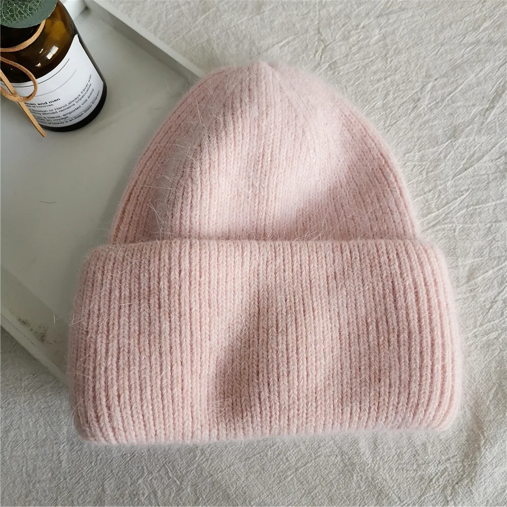 2021 Fashion Fabbit Fur Soft Warm Fluffy Winter Hat for women Angora Knitted Hat skullies beanies Female bonnet woman knit Cap skully with brim Skullies & Beanies