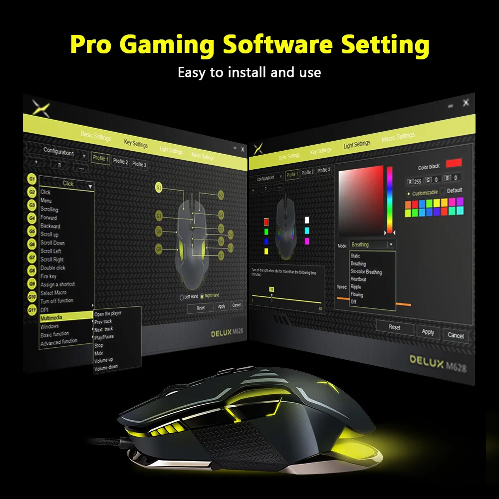 Delux M628 PMW3389 Sensor 16000 DPI Gaming Mouse 9 Buttons 50G ACC RGB Wired Optical Both Hands Mic