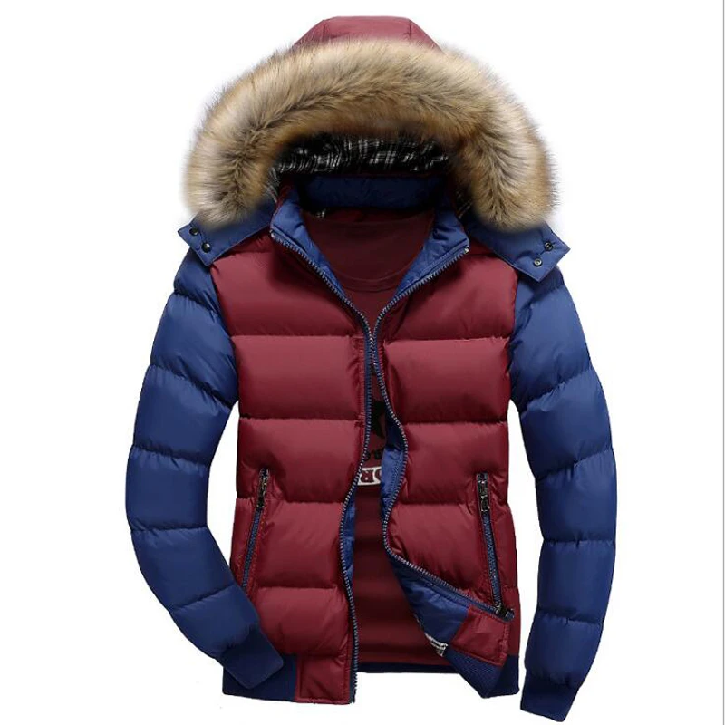 Red Blue Parka Брендовая зимняя куртка, пальто, мужские теплые пуховики, 8 цветов, модная верхняя одежда с капюшоном и меховым воротником, на молнии, с карманами, толстая повседневная мужская одежда - Цвет: Red Blue Parka
