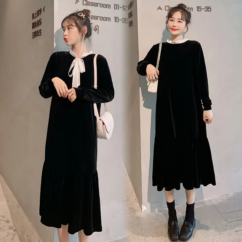 

Maternity Clothes Autumn Clothing 2019 New Style Korean-style Pregnant Women Large Size Pregnant Women Gold Velvet over-the-Knee