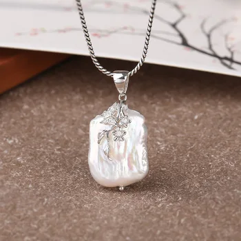 

925 sterling silver Baroque Natural freshwater pearl Pendant without necklace chain Temperament carved Fine Jewelry For women