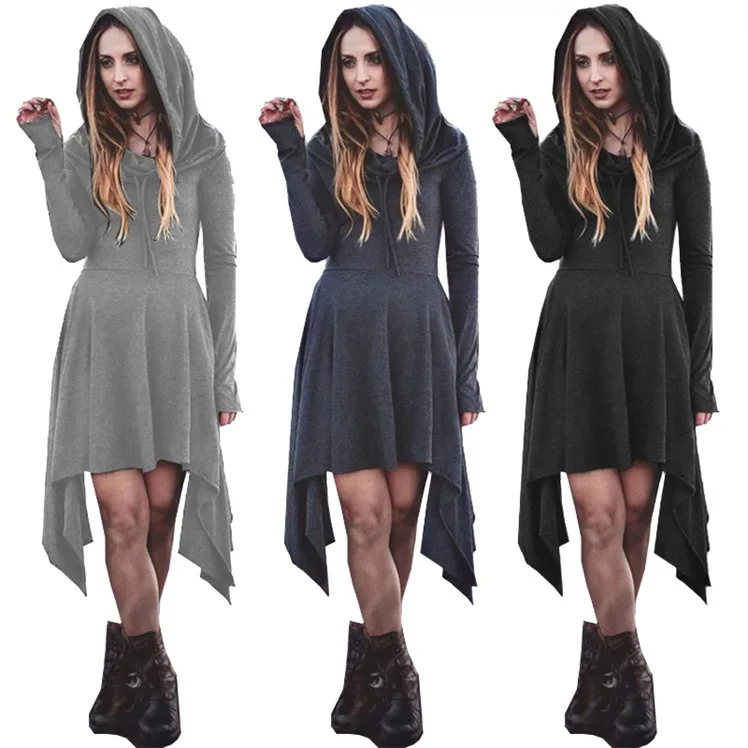 

2019 European And American-Style Women's Autumn And Winter New Style Fashion Irregular Long-Sleeve Hooded Dress Autumn Tide