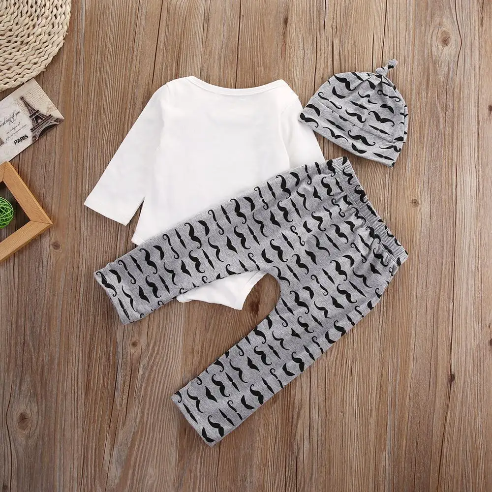 Cute Infant Baby Boy Clothes Sets 2020 Summer Lovely Mommy's New Man Mustache Print Bodysuit Tops+Long Pants+Hat Outfits A0029