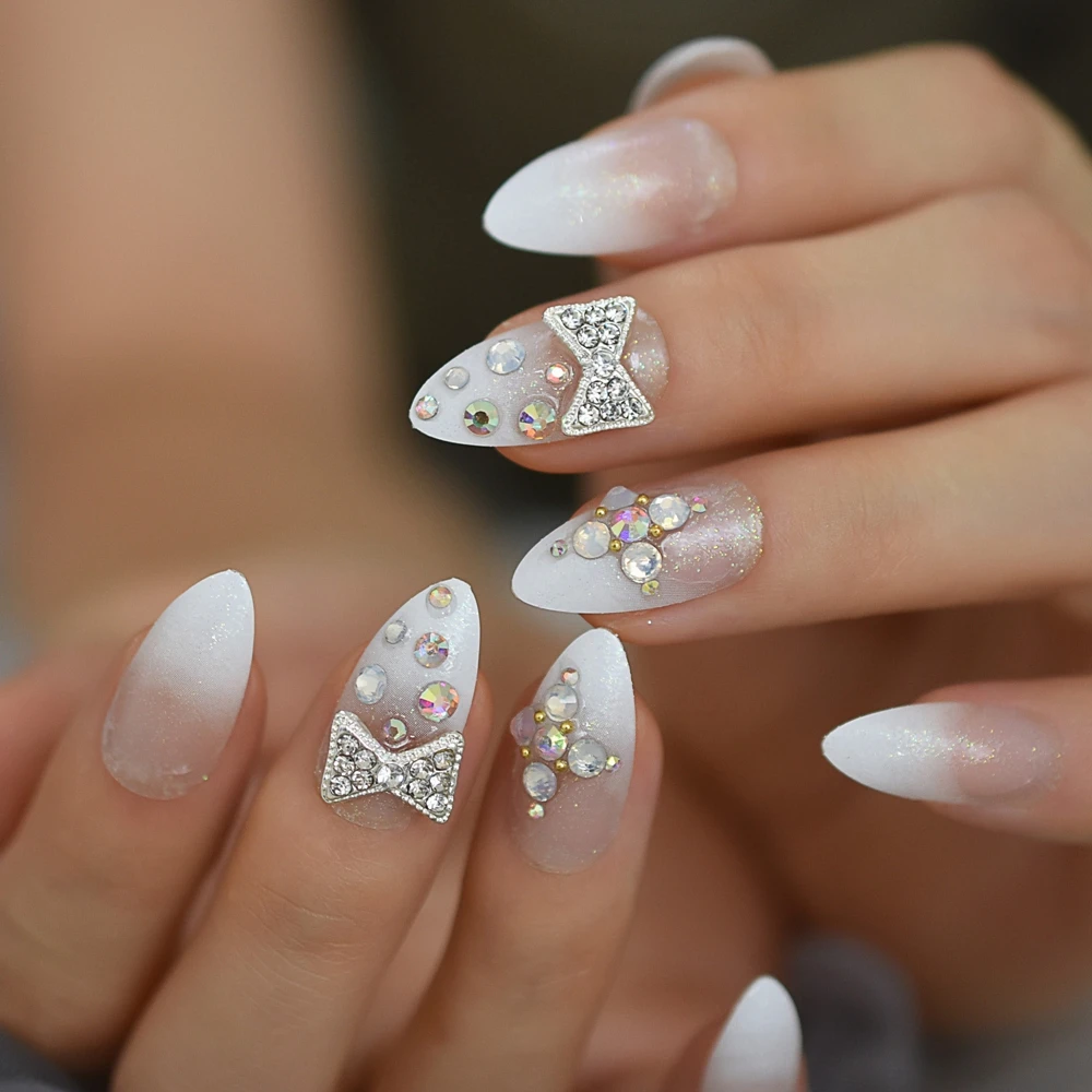 Ombre Glitter Faux Ongles White French Tips Stiletto Custom Deisgner False Nails  With Rhinestones Bowknot Decoration - False Nails - AliExpress