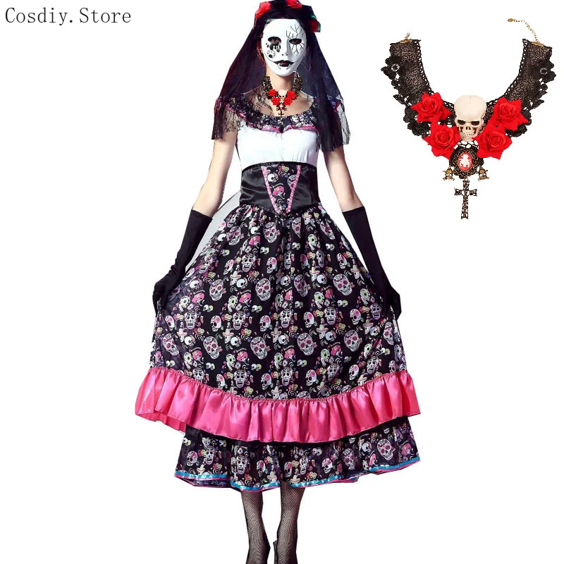 Rose Bone Dress Day Of Dead Walk Dead Costume Halloween Corpse Bride Women Carnival Skull Skeleton Fancy Death Outfit For Adult