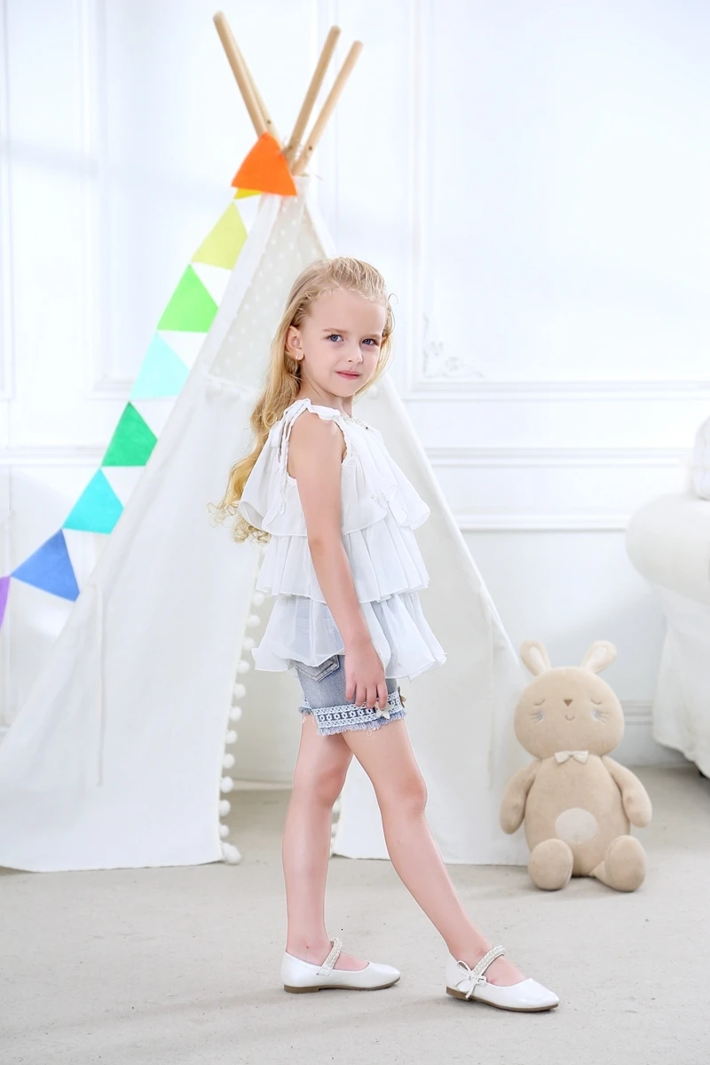 AiLe Rabbit/летняя детская одежда в Корейском стиле шифоновые штаны на бретельках для девочек комплект из 2 предметов, топ на бретельках с жемчужинами и цветами, джинсовый Детский комплект K1