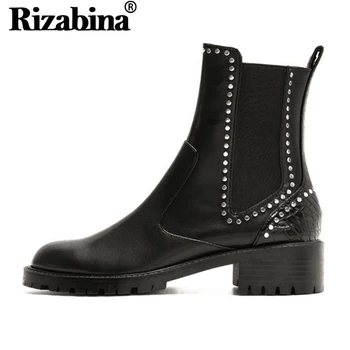 

RIZABINA Women High Quality Brand Ankle Boots Rivets Casual Sexy Chelsea Boots Office Women Chunky Heels Botas Size 35-40