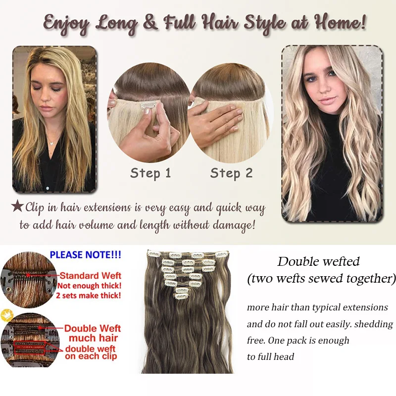 Lelinta 7Pcs 16 Clips 22'' 24'' Straight/Wavy Curly Full Head Clip In on Double Weft Hair Extensions,Fake Hair for Women