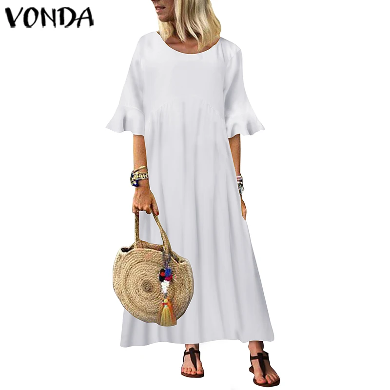 VONDA, летний сарафан, половина рукава, гофрированное платье, Женские однотонные длинные платья макси размера плюс, пляжные платья, Femme Robe S-5XL