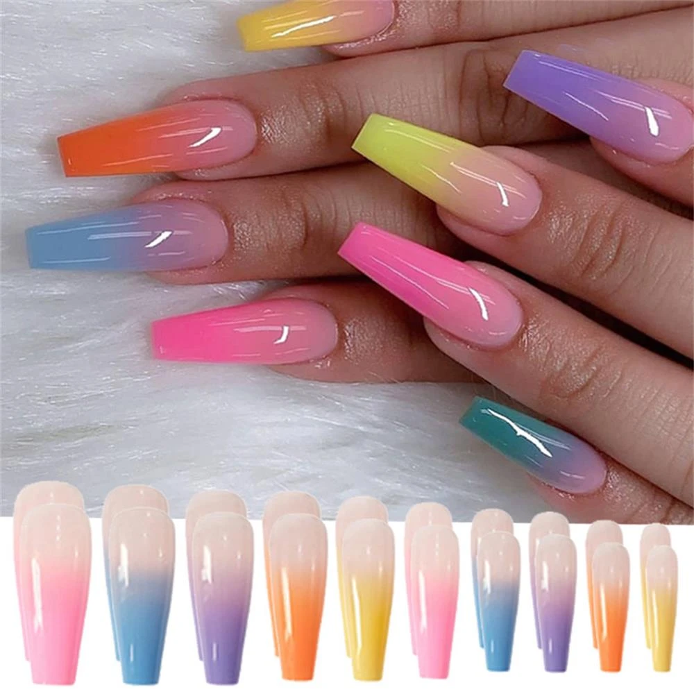 Uñas postizas acrílicas largas, uñas postizas de bailarina de arco iris  europeo, cobertura completa, puntas de arte, belleza de Color, 20 unids/set  por juego|Uñas postizas| - AliExpress