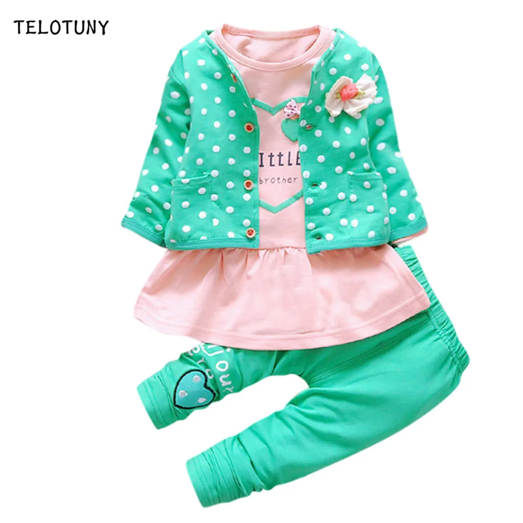 

TELOTUNY Autumn Winter Long Sleeve Infant Baby Girls Outfits Dot Print Tracksuit Tops+Kids Pants +Outer 3Pcs Outfits Clothes 902