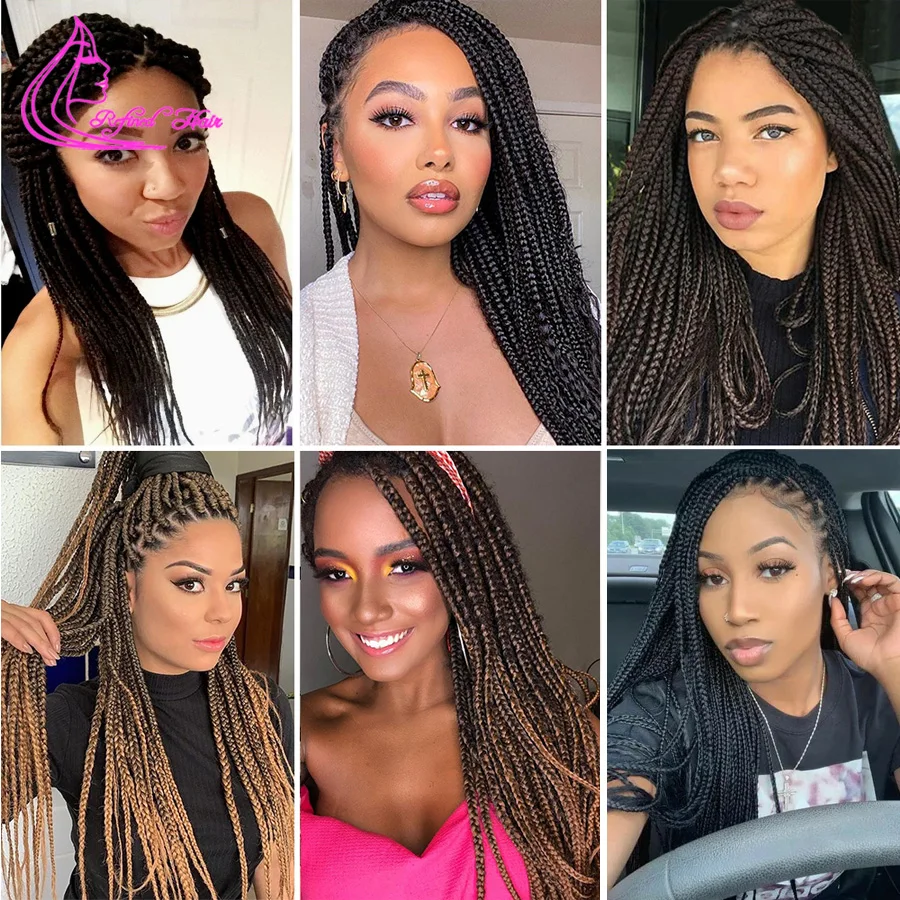 Box Braids Crochet Hair Handmade Crochet Braids 14 18 24Inches Long Synthetic Braiding Hair Extensions Ombre Black Brown Gray